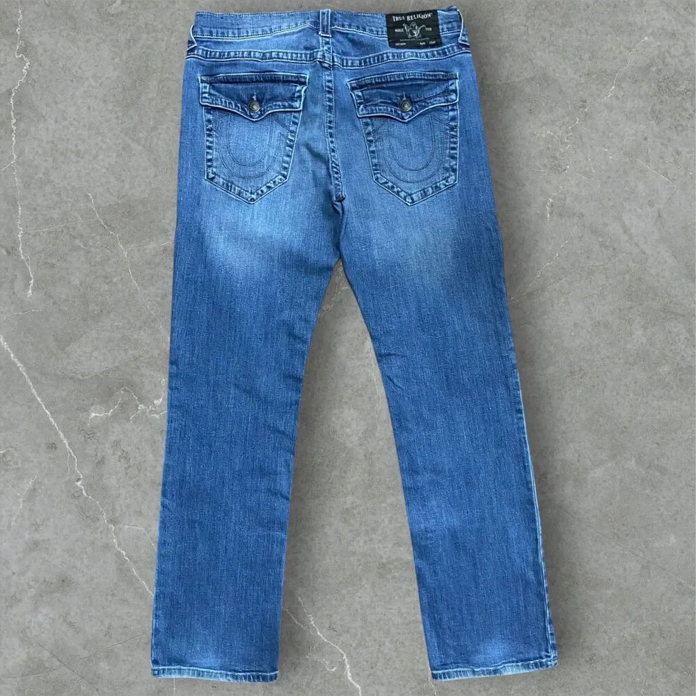 True Religion Relaxed Straight Flap Pocket Denim Blue Jeans Men's Size 34W x 34L